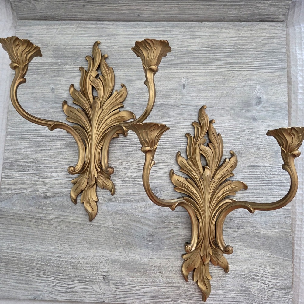 Syroco Wall Sconce Pair Gold Hollywood Regency Acanthus Leaf Vintage